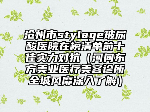 沧州市stylage玻尿酸医院在榜清单前十佳实力对抗（河间东方美业医疗美容诊所全城风靡深入了解）